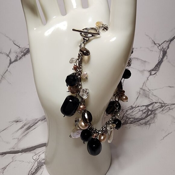 925 Silver Multi Pearl and Quartz Charm Bracelet